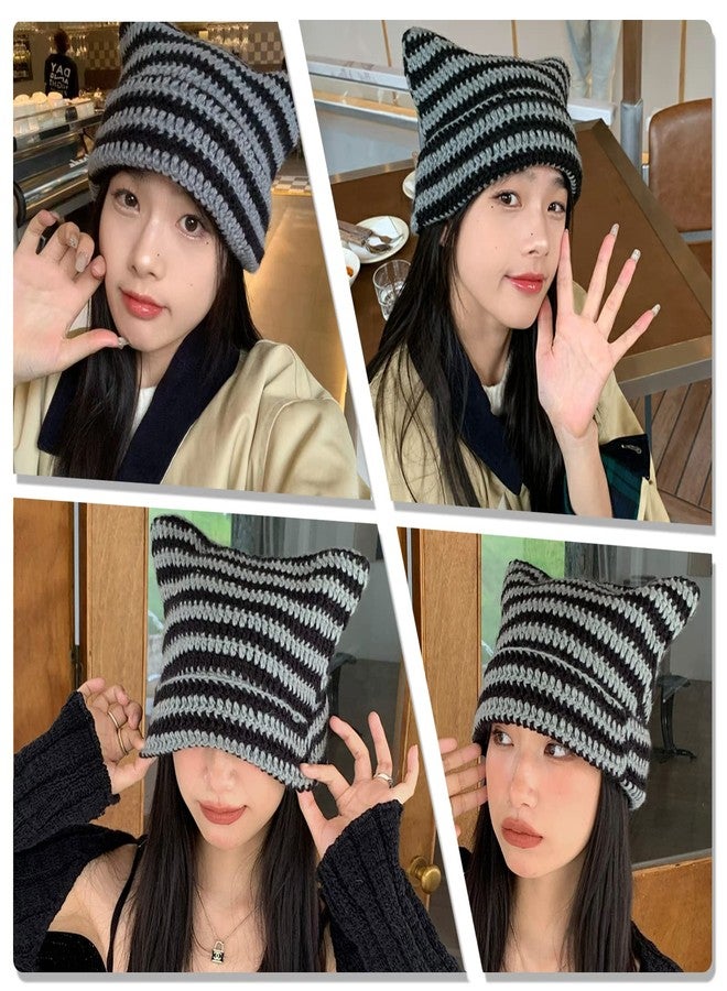 PLwelth Crochet Hats for Women Y2k-Accessories Vintage Beanies Cat Beanie Fox Hat Grunge Accessories Knit Hat Winter Warm Little Devil Hats Slouchy Beanies for Women Girl - Image 3